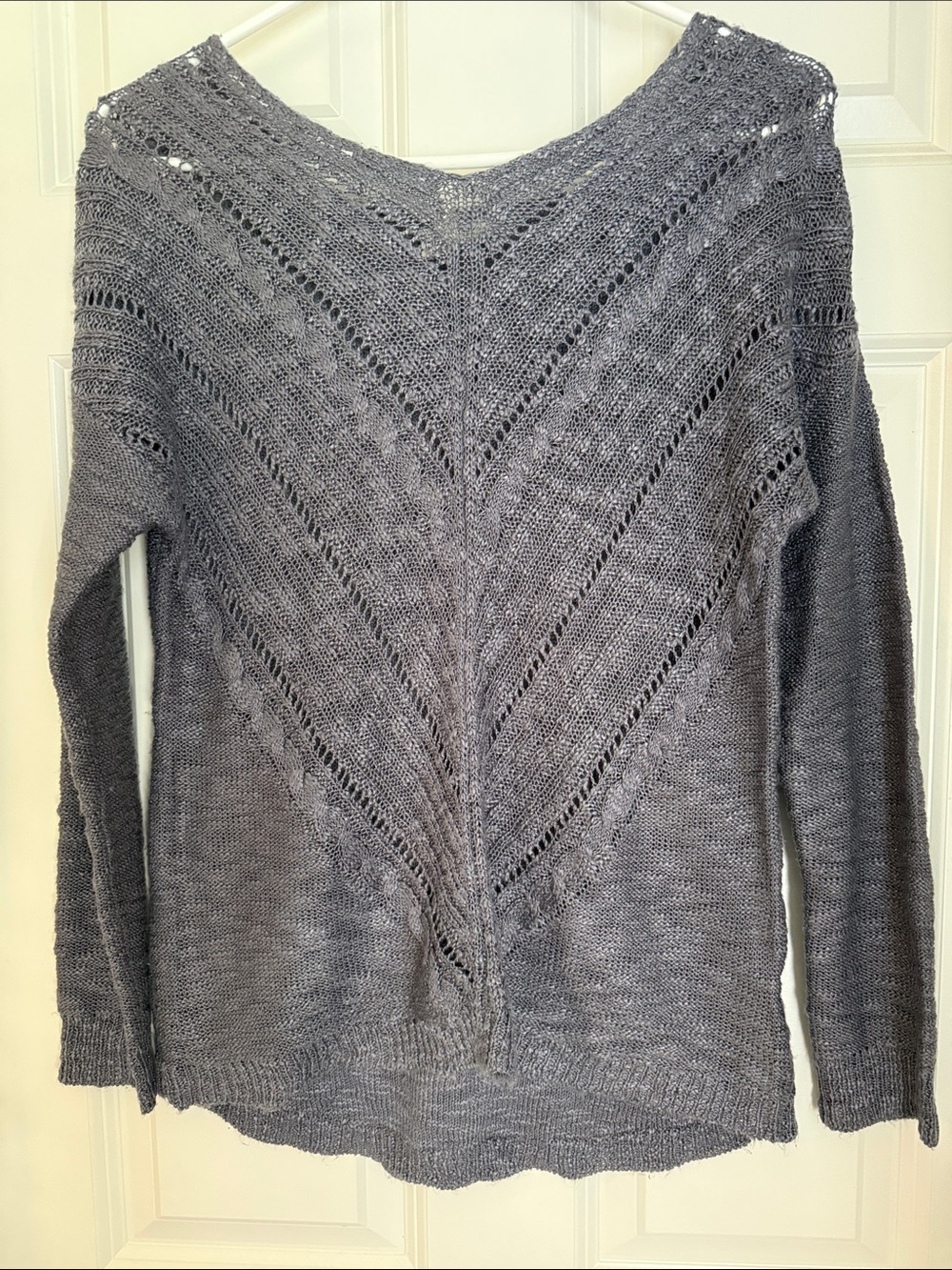 Cloud Chaser Women's Gray Open-Stitch V-Neck Sweater